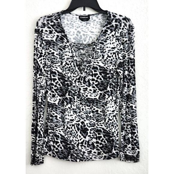 TOP/BLOUSE-BEBE-Black White Gray-Animal Print-Front Lace Up-Long Sleeves-LRG - Picture 1 of 15